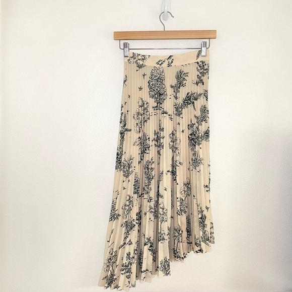 & Other Stories Asymmetric Plisse Skirt 0 Cream Black Pleated Midi Tree Print - Picture 5 of 14